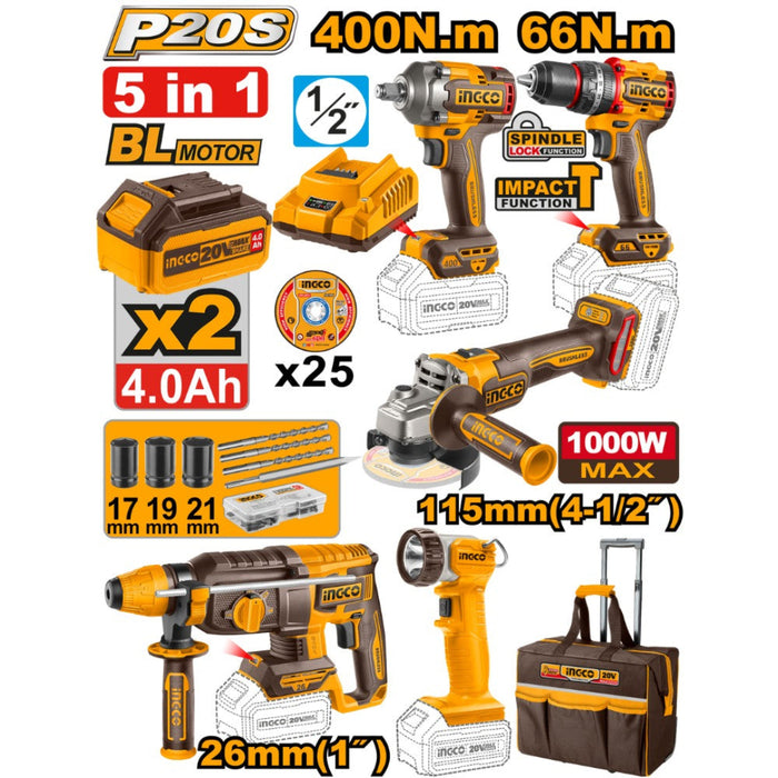Akumulatorski set alata 5/1 CKLI2059E+2×4,0Ah SUPER INGCO