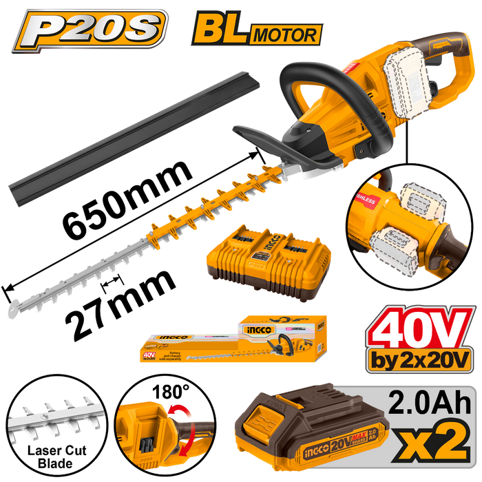 Akumulatorski trimer za živu ogradu CHTLI400282 + 2x baterija + punjač INGCO