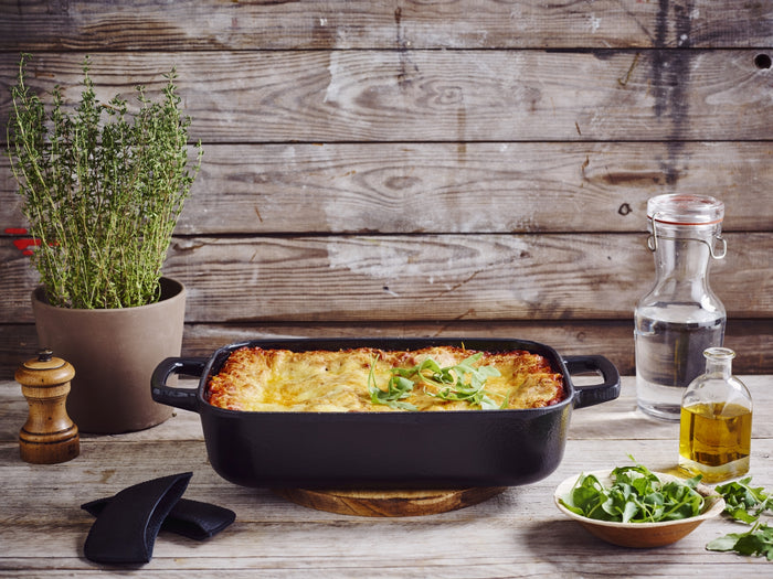 Alva Ovenschaal / Braadslede Gietijzer Nori + Gratis Leren Handvaten - 30 x 21 x 8.2 cm - geëmailleerde anti-aanbaklaag