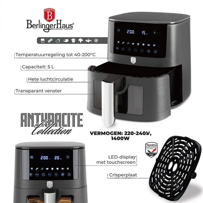 BerlingerHaus Airfryer XL Mat Antraciet - met Kijkvenster - 5 Liter - 1400W
