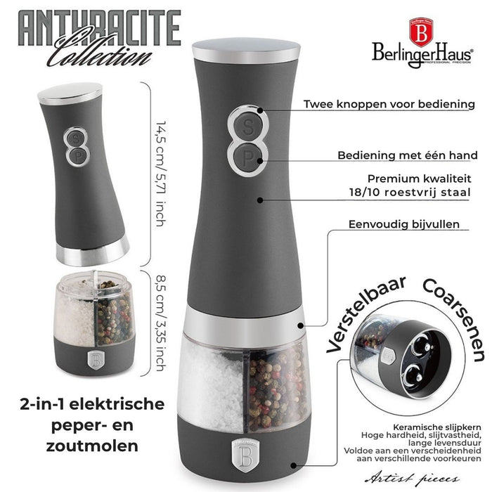 BerlingerHaus Peper- en Zoutmolen Elektrisch Mat Antraciet - 2-in-1 - Keramische Molen