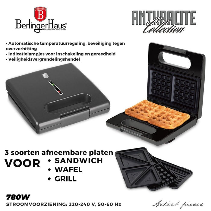 BerlingerHaus Tosti-ijzer 3-in-1 Mat Antraciet - Uitneembare Platen - Wafel & Grill - 780W