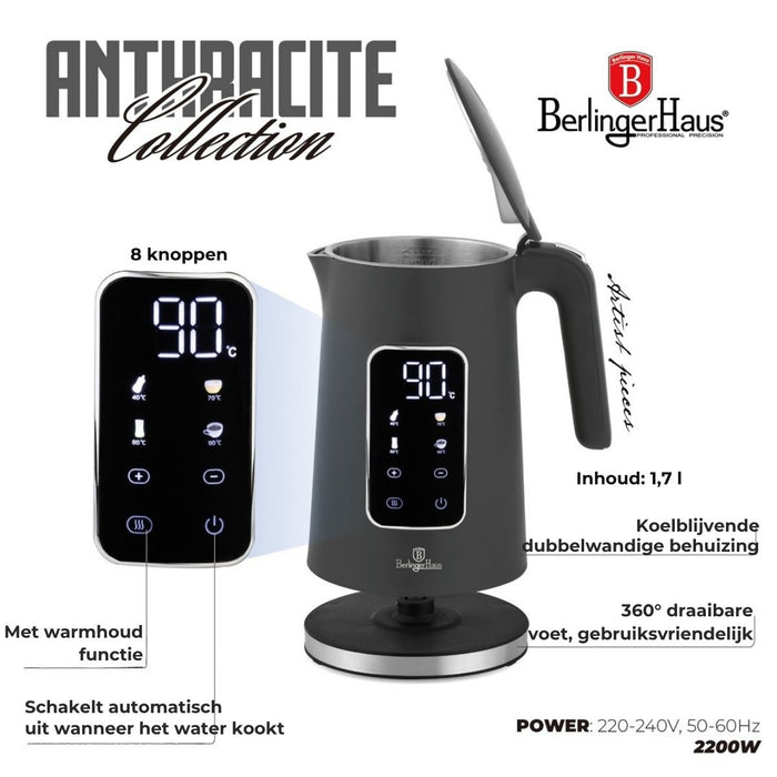 BerlingerHaus Waterkoker Digitaal Mat Antraciet - Temperatuurinstelling - 1.7 Liter - 2200W