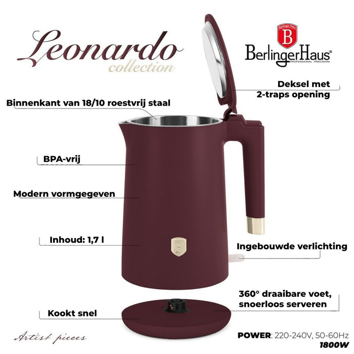 BerlingerHaus Waterkoker Dubbelwandig Mat Bordeaux - 1.7 Liter - 1800W