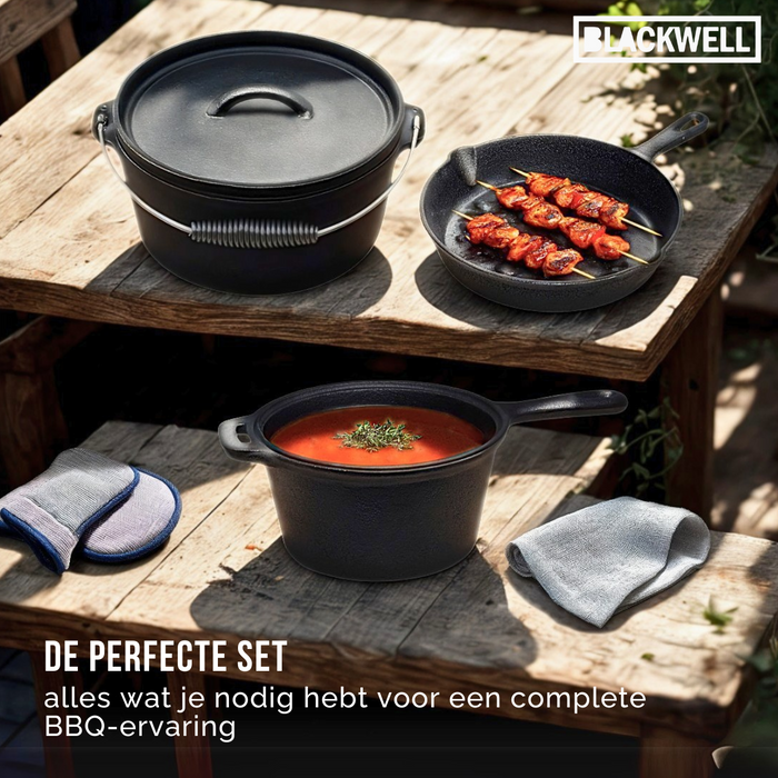 Blackwell Dutch Oven BBQ Gietijzer Set 4-Delig - Braadpan + Lifter, Koekenpan ø 20 cm & Grillplaat ø 30 cm - geschikt voor alle warmtebronnen - zonder anti-aanbaklaag