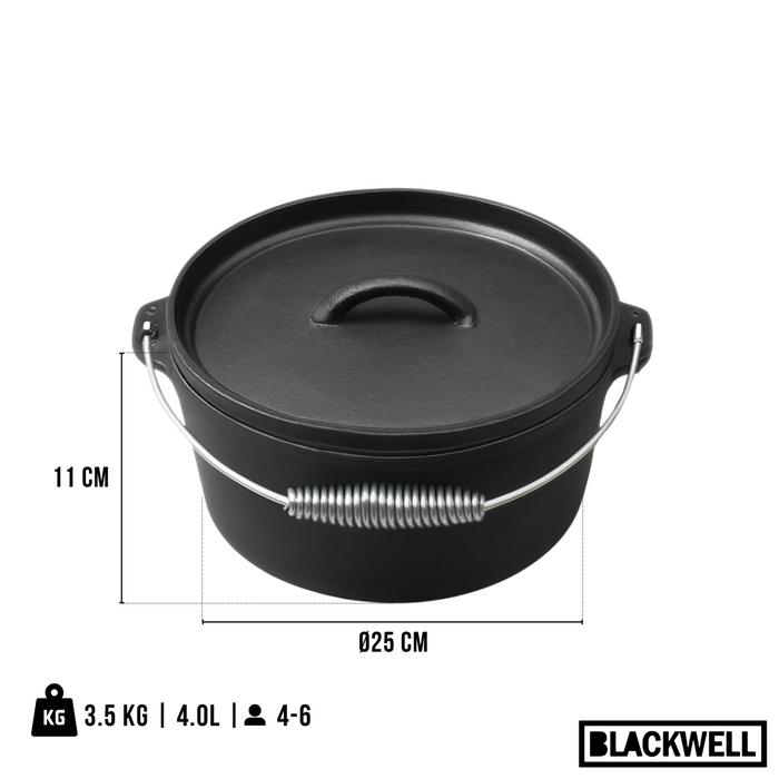 Blackwell Dutch oven / Braadpan met deksel - Gietijzer - ø 25 cm / 4 Liter - zonder anti-aanbaklaag