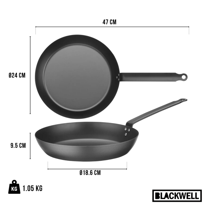 Blackwell Koekenpan Carbon Staal ø 24 cm - geschikt voor alle warmtebronnen - zonder anti-aanbaklaag