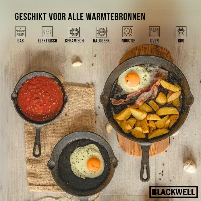 Blackwell Koekenpannenset Skillets Gietijzer 3-Delig ø 16, 20 & 25 cm - geschikt voor alle warmtebronnen - zonder anti-aanbaklaag
