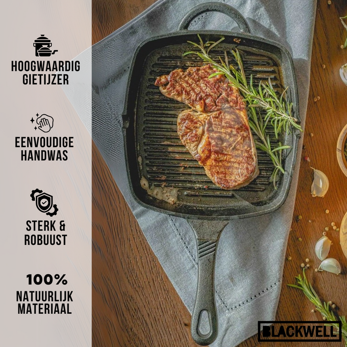 Blackwell Pannenset Gietijzer 2-Delig Koekenpan ø 25 cm & Grillpan 23 x 23 cm - geschikt voor alle warmtebronnen - zonder anti-aanbaklaag