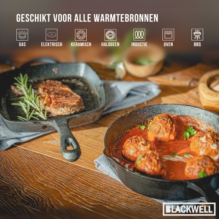 Blackwell Pannenset Gietijzer 2-Delig Koekenpan ø 25 cm & Grillpan 23 x 23 cm - geschikt voor alle warmtebronnen - zonder anti-aanbaklaag
