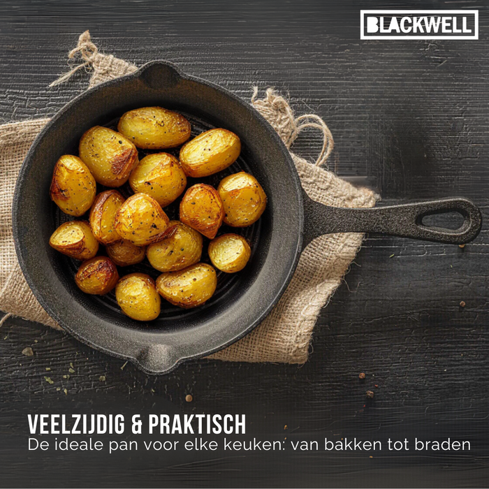 Blackwell Pannenset Gietijzer 2-Delig Koekenpan ø 25 cm & Grillpan 23 x 23 cm - geschikt voor alle warmtebronnen - zonder anti-aanbaklaag