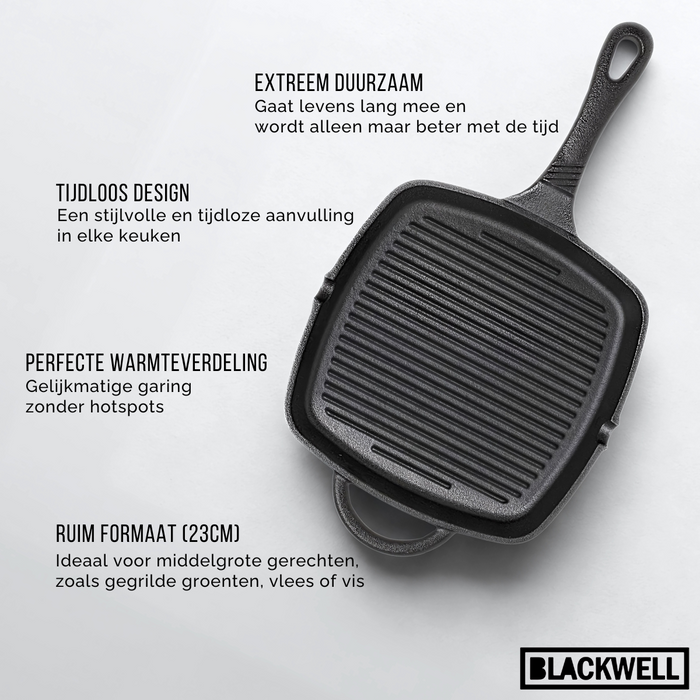 Blackwell Pannenset Gietijzer 2-Delig Koekenpan ø 25 cm & Grillpan 23 x 23 cm - geschikt voor alle warmtebronnen - zonder anti-aanbaklaag
