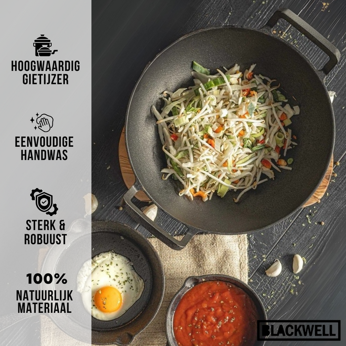 Blackwell Pannenset Gietijzer 3-Delig Grillpan 23 x 23 cm, Koekenpan ø 25 cm & Wok ø 32 cm - geschikt voor alle warmtebronnen - zonder anti-aanbaklaag