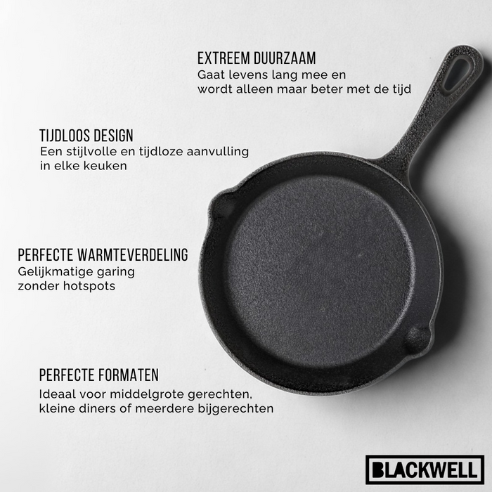 Blackwell Pannenset Gietijzer 4-Delig Koekenpan 16, 20 & 25 cm & Grillplaat ø 30 cm - geschikt voor alle warmtebronnen - zonder anti-aanbaklaag