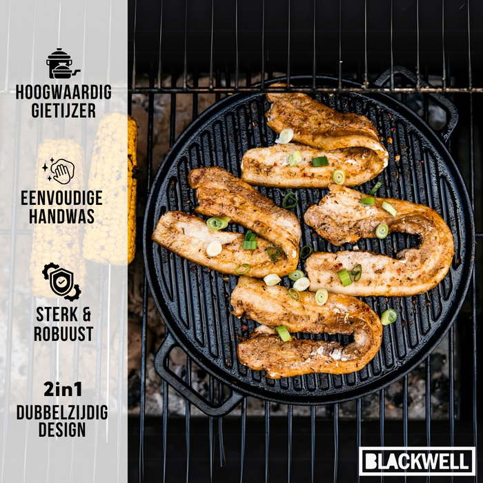 Blackwell Pannenset Gietijzer 4-Delig Koekenpan 16, 20 & 25 cm & Grillplaat ø 30 cm - geschikt voor alle warmtebronnen - zonder anti-aanbaklaag