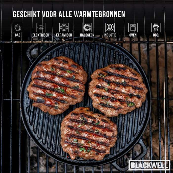 Blackwell Pannenset Gietijzer 4-Delig Koekenpan 16, 20 & 25 cm & Grillplaat ø 30 cm - geschikt voor alle warmtebronnen - zonder anti-aanbaklaag