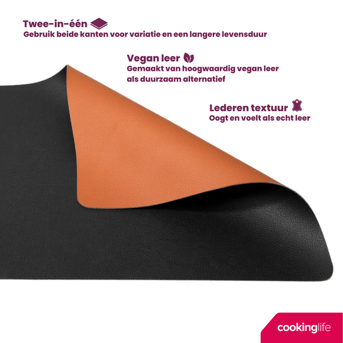 Cookinglife 6 Placemats + 6 Onderzetters - Dubbelzijdig - Vegan leer - Zwart / Cognac