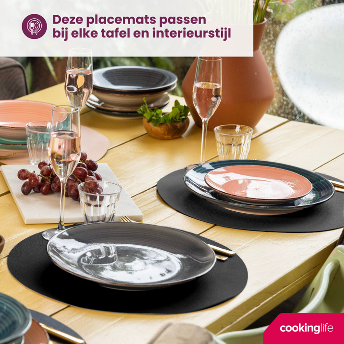 Cookinglife 6 Placemats + 6 Onderzetters - Rond - Vegan leer - Zwart