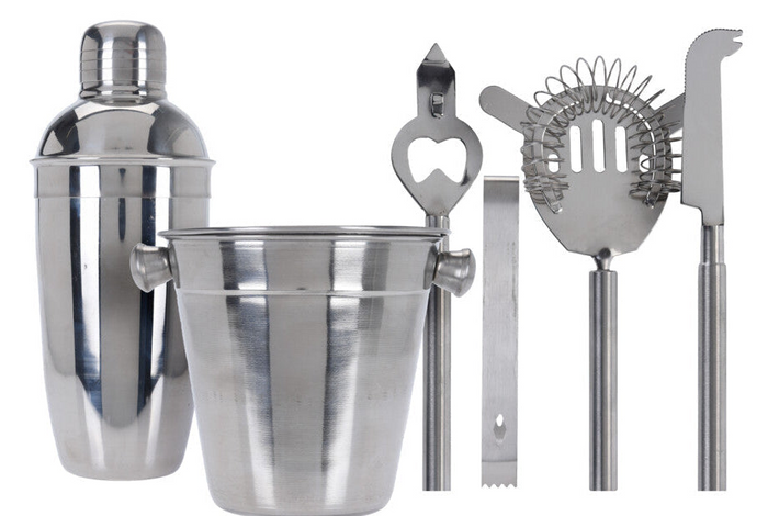 Cookinglife Barset RVS 6-Delig - Cocktailshaker, Ijsemmer, Zeef, Flesopener, Tang en Mes