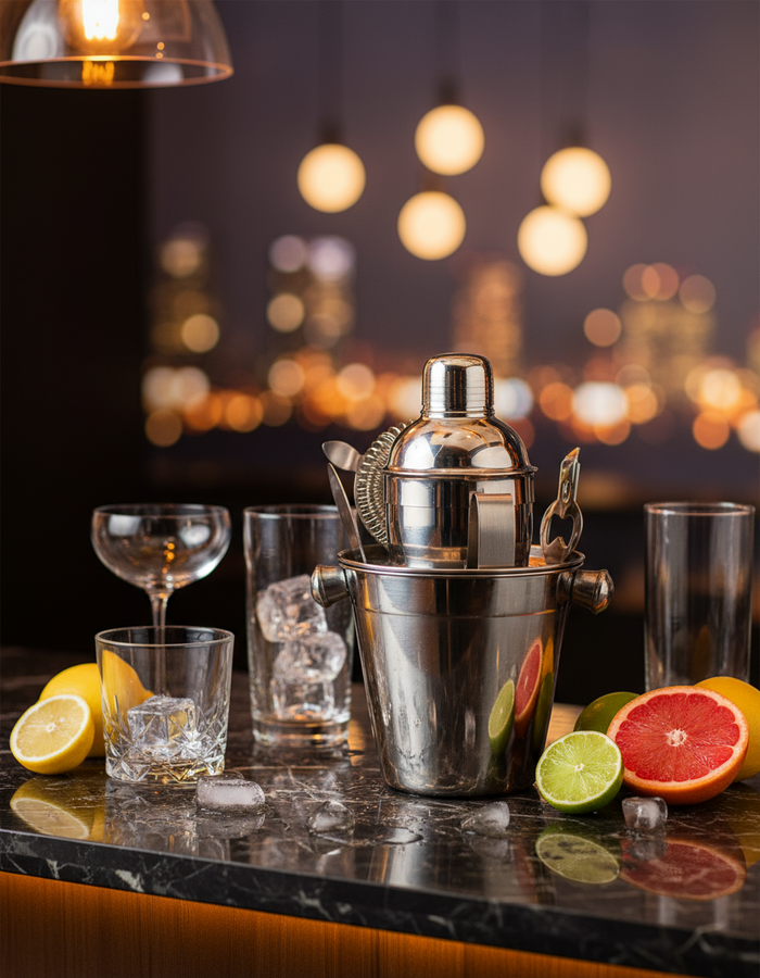Cookinglife Barset RVS 6-Delig - Cocktailshaker, Ijsemmer, Zeef, Flesopener, Tang en Mes
