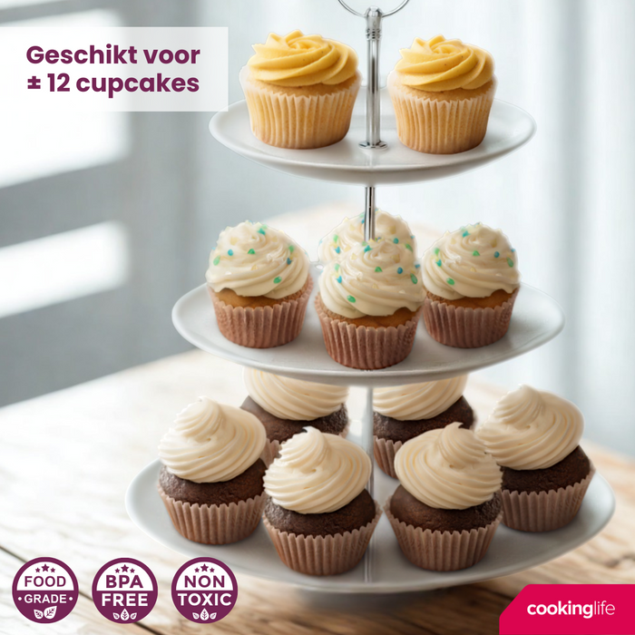 Cookinglife Etagère / serveertoren Food for Fun ø 16, 21 & 26 cm - 3-laags - 34 cm hoog