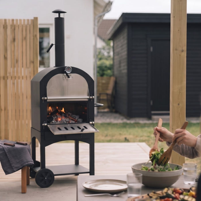 Cookinglife Houtskool BBQ Pizza Oven Fire & Flavour - 156 cm hoog - Inclusief Pizzasteen & Grillroosters - Zwart