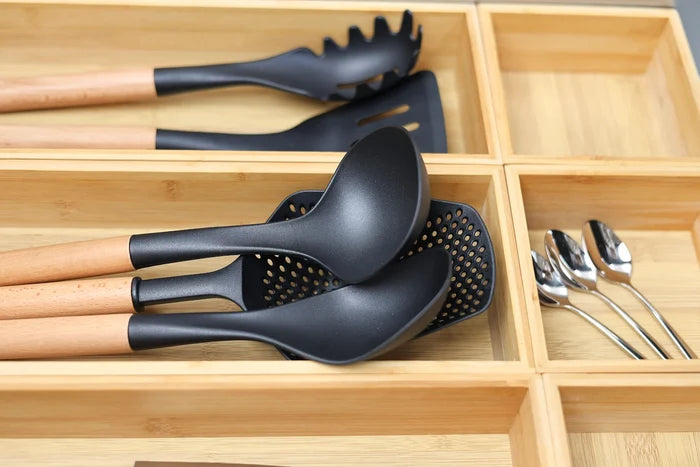 Cookinglife Keukengerei set - Kookgerei set - hout zwart 4 delig - Schuimspaan, soeplepel, bakspaan & opscheplepel