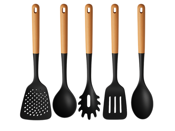 Cookinglife Keukengerei set - Kookgerei set - hout zwart 5 delig - Schuimspaan, soeplepel, spaghettilepel, bakspaan & opscheplepel