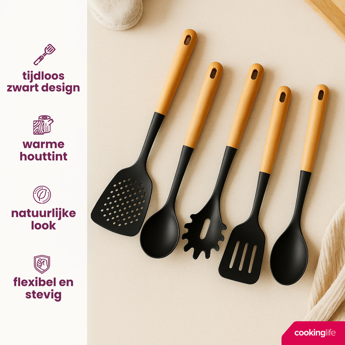 Cookinglife Keukengerei set - Kookgerei set - hout zwart 5 delig - Schuimspaan, soeplepel, spaghettilepel, bakspaan & opscheplepel