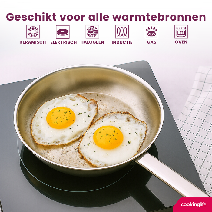 Cookinglife Koekenpan Superior Triply RVS ø 20 cm - geschikt voor alle warmtebronnen - zonder anti-aanbaklaag