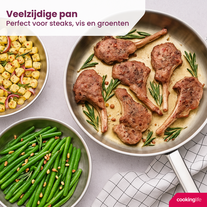 Cookinglife Koekenpan Superior Triply RVS ø 24 cm - geschikt voor alle warmtebronnen - zonder anti-aanbaklaag