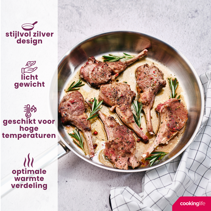 Cookinglife Koekenpannenset Superior Triply RVS 3-delig - ø 20, 24 & 28 cm - geschikt voor alle warmtebronnen - zonder anti-aanbaklaag