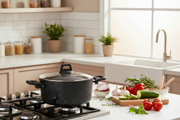 Cookinglife Kookpan met deksel - Black Speckle - Aluminium Ø 22 cm / 3.5 Liter - Geschikt voor alle warmtebronnen - standaard anti-aanbaklaag