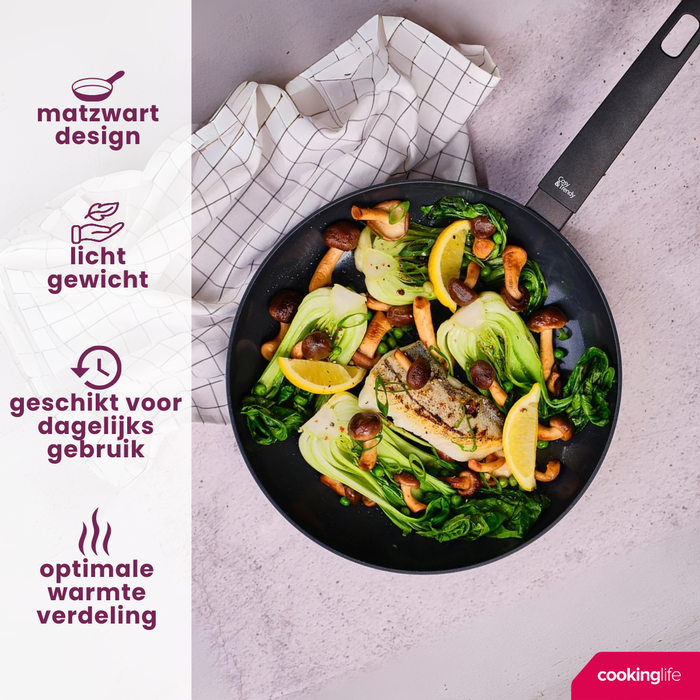 Cookinglife Pannenset Black Cera 3-delig - Wokpan ø 28 cm + Koekenpan ø 24 & 28 cm - geschikt voor alle warmtebronnen - keramische anti-aanbaklaag