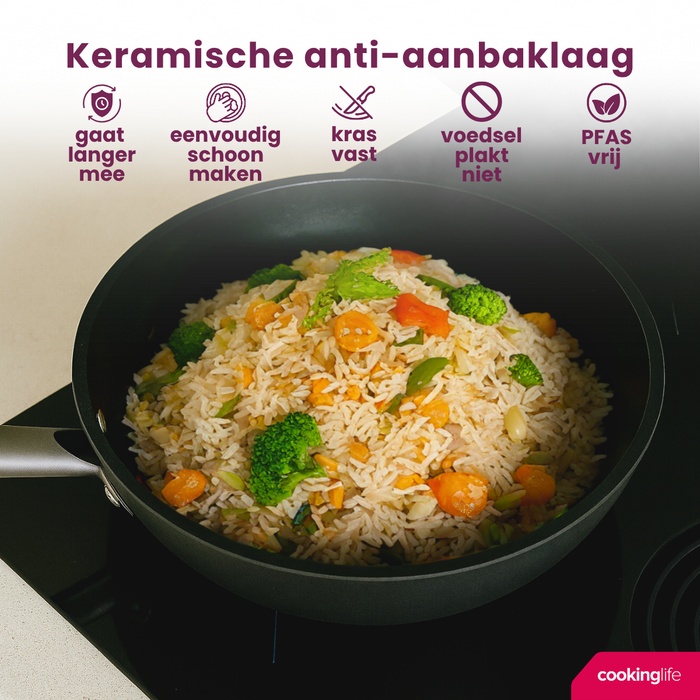 Cookinglife Pannenset ProForge 3-delig - Wokpan ø 28 cm + Koekenpan ø 24 & 28 cm - geschikt voor alle warmtebronnen - keramische anti-aanbaklaag