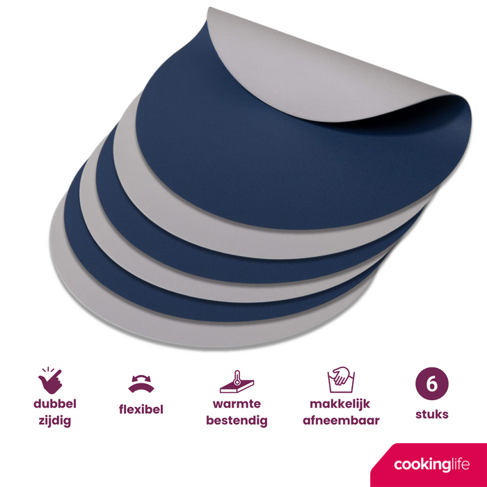 Cookinglife Placemats - Dubbelzijdig - Vegan leer - Grijs / Blauw ø 38 cm - 6 Stuks
