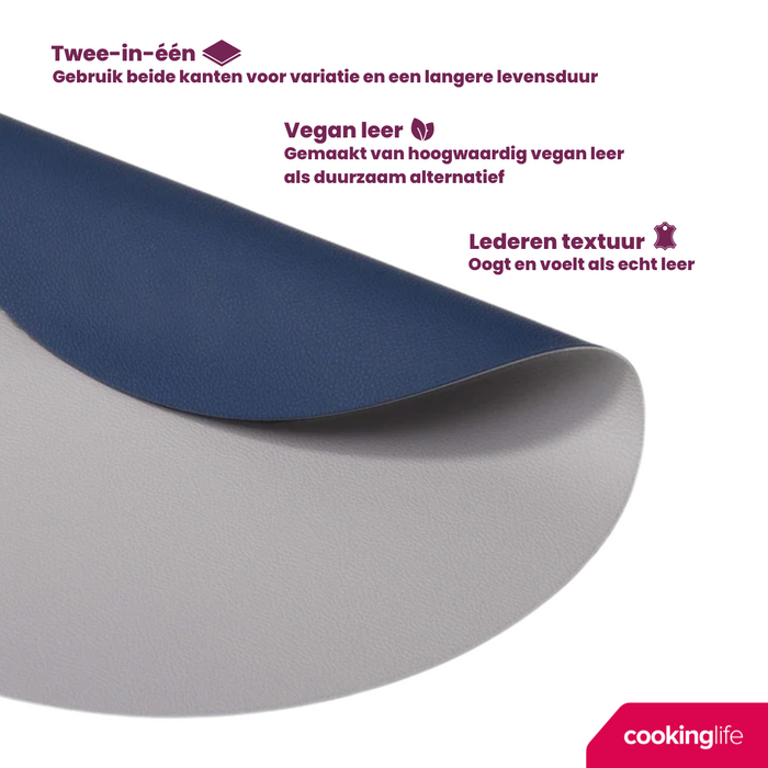 Cookinglife Placemats - Dubbelzijdig - Vegan leer - Grijs / Blauw ø 38 cm - 6 Stuks