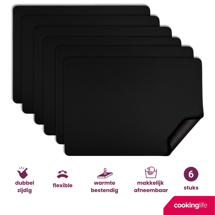 Cookinglife Placemats - Vegan leer - Zwart - 46 x 33 cm - 6 stuks