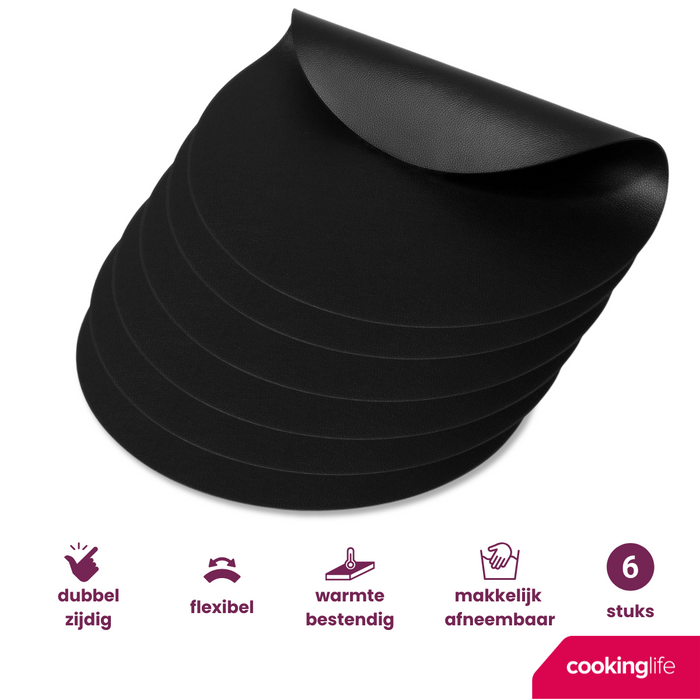 Cookinglife Placemats - Vegan leer - Zwart - ø 38 cm - 6 stuks
