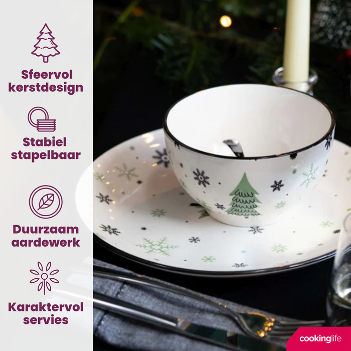 Cookinglife Serviesset - Kerstservies - Aardewerk - Groen 18-delig / 6 personen - 6 dinerborden, 6 ontbijtborden & 6 kommen