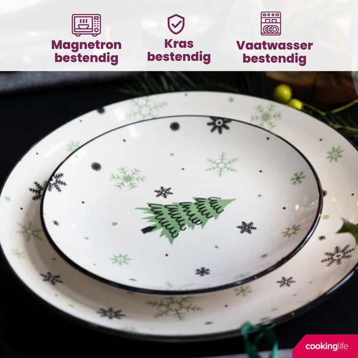 Cookinglife Serviesset - Kerstservies - Aardewerk - Groen 18-delig / 6 personen - 6 dinerborden, 6 ontbijtborden & 6 kommen