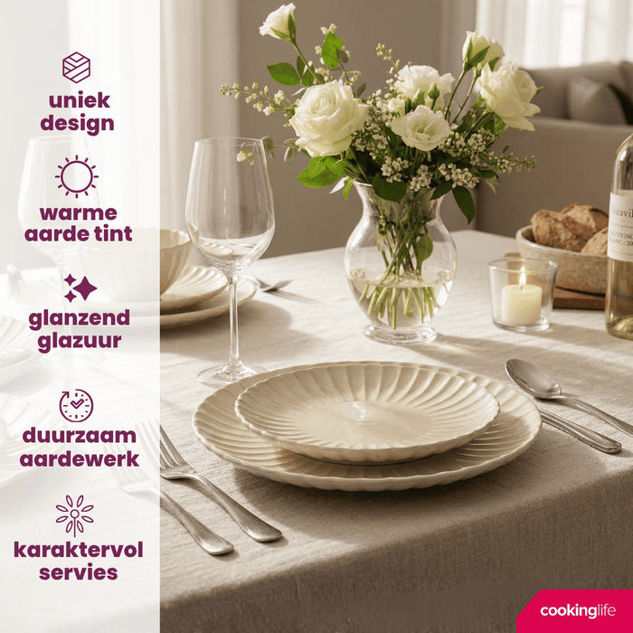 Cookinglife Serviesset Cardida Beige 18-delig / 6 personen - 6 dinerborden, 6 ontbijtborden en 6 kommen