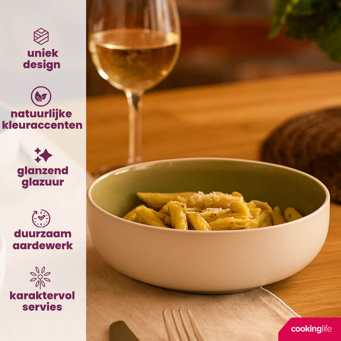 Cookinglife Serviesset Mos Groen 18-delig / 6 personen - 6 dinerborden, 6 ontbijtborden en 6 kommen