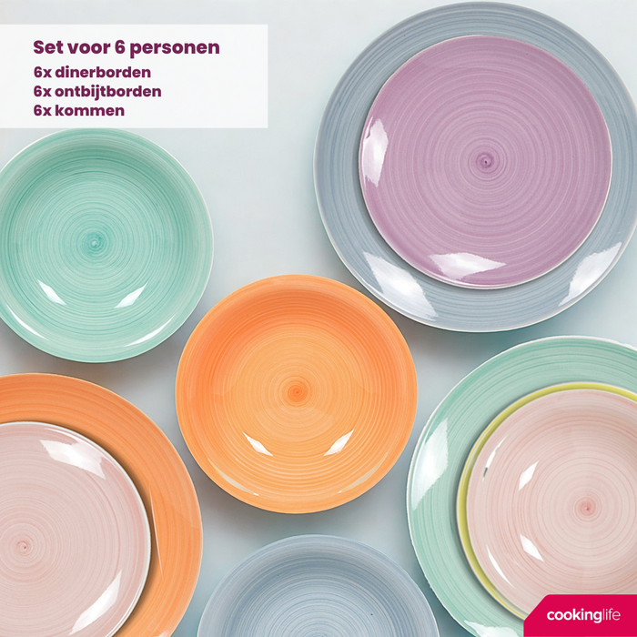 Cookinglife Serviesset Pastel Harmony 18-delig / 6 personen - 6 dinerborden, 6 ontbijtborden en 6 diepe borden