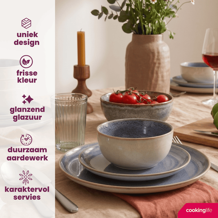 Cookinglife Serviesset Serene Blue 12-delig / 4 personen - 4 dinerborden, 4 ontbijtborden en 4 kommen