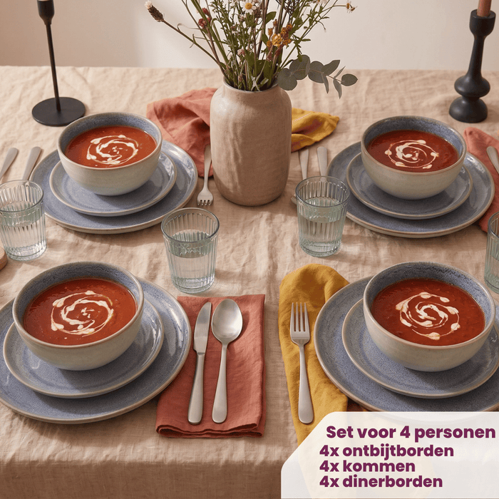 Cookinglife Serviesset Serene Blue 12-delig / 4 personen - 4 dinerborden, 4 ontbijtborden en 4 kommen