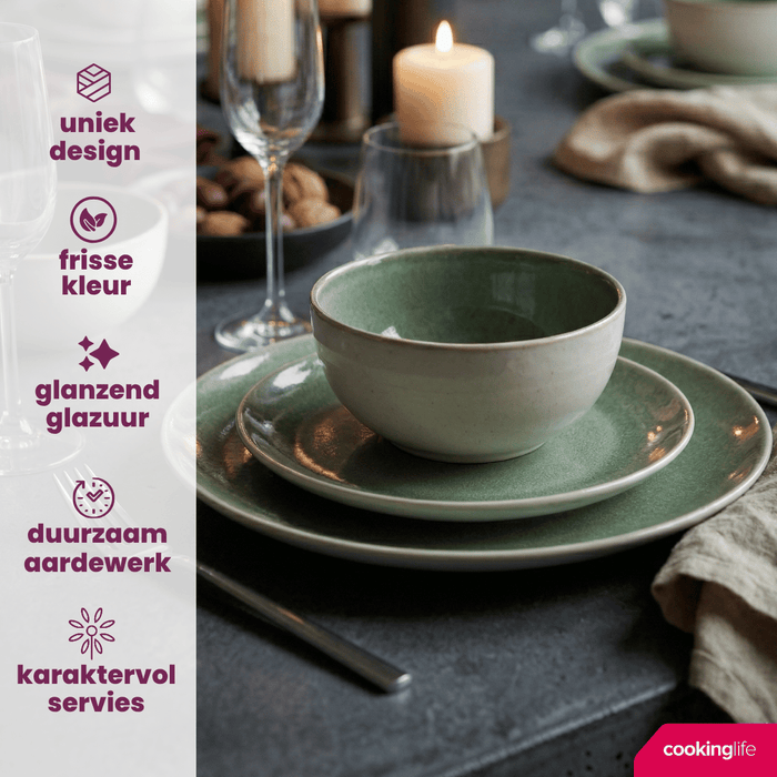 Cookinglife Serviesset Serene Green 12-delig / 4 personen - 4 dinerborden, 4 ontbijtborden en 4 kommen