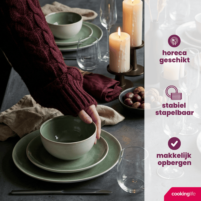 Cookinglife Serviesset Serene Green 12-delig / 4 personen - 4 dinerborden, 4 ontbijtborden en 4 kommen