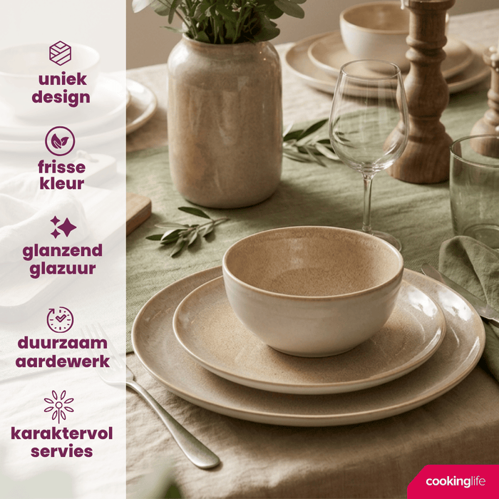 Cookinglife Serviesset Serene Zand 12-delig / 4 personen - 4 dinerborden, 4 ontbijtborden en 4 kommen