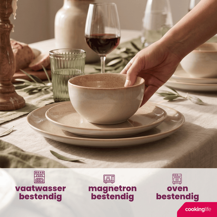 Cookinglife Serviesset Serene Zand 12-delig / 4 personen - 4 dinerborden, 4 ontbijtborden en 4 kommen